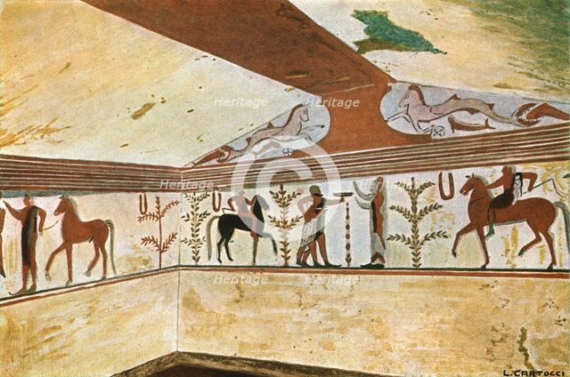 Mural painting in the Tomb of the Baron (Tomba del Barone) at Tarquinia, Italy, (1928).  Creator: Unknown.