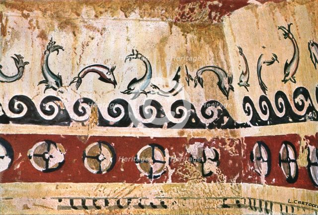 Mural painting in the Tomb of Typhon (Tomba del Tifone) at Tarquinia, Italy, (1928]. Creator: Unknown.