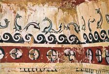 Mural painting in the Tomb of Typhon (Tomba del Tifone) at Tarquinia, Italy, (1928]. Creator: Unknown