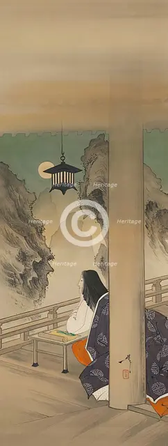 Murasaki Shikibu at Ishiyamadera Temple, based on the print..., ca. 1892. Creator: Tsukioka Yoshitoshi.