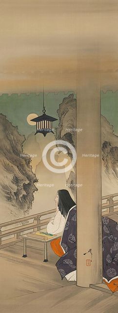 Murasaki Shikibu at Ishiyamadera Temple, based on the print..., ca. 1892. Creator: Tsukioka Yoshitoshi.