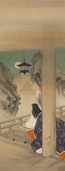 Murasaki Shikibu at Ishiyamadera Temple, based on the print..., ca. 1892. Creator: Tsukioka Yoshitoshi