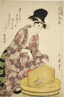 Murasaki Shikibu: Bird, from the series "Famous Women and Their Poems on Flowers..., c. 1805. Creator: Kitagawa Utamaro
