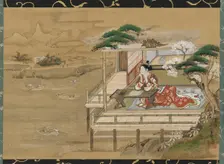 Murasaki Shikibu composing the Tale of Genji at Ishiyamadera, Edo period, 19th century. Creator: Gakutei