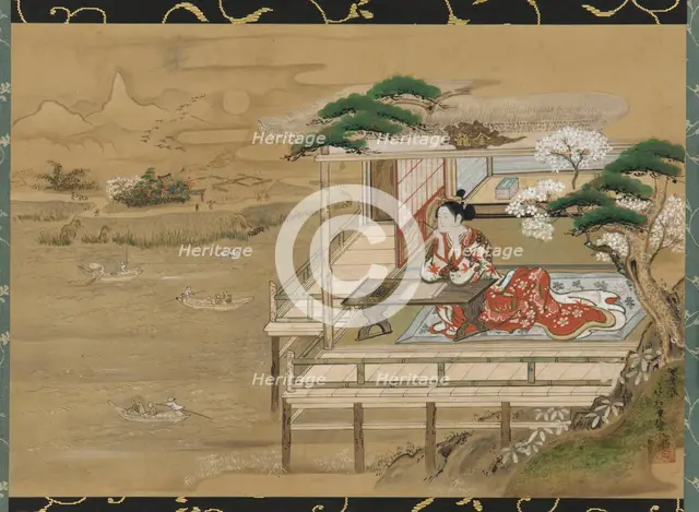 Murasaki Shikibu composing the Tale of Genji at Ishiyamadera, Edo period, 19th century. Creator: Gakutei.