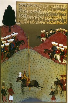 Murat II, in the presence of an ambassador, demonstrates his skill by shooting three arrows...(1584- Creator: Unknown