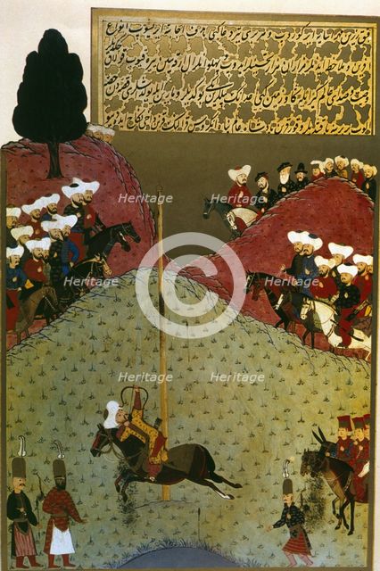 Murat II, in the presence of an ambassador, demonstrates his skill by shooting three arrows...(1584- Creator: Unknown.