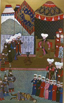 Murat II, with one blow of his sword cuts in two the steel helmet of the Hungarian... (1584-1589). Creator: Unknown