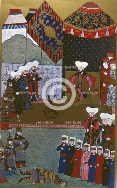 Murat II, with one blow of his sword cuts in two the steel helmet of the Hungarian... (1584-1589). Creator: Unknown.