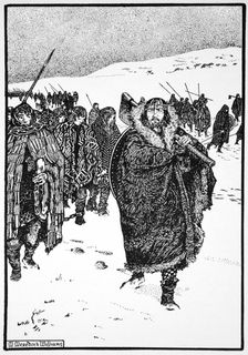 Murtough on his journey with the King of Munster in fetters 941 (1913). Creator: Morris Meredith Williams