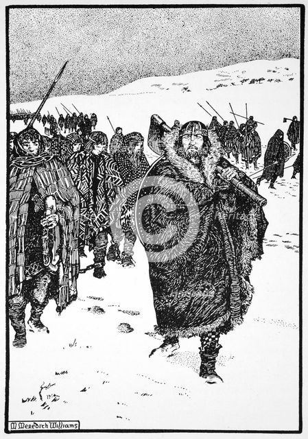 'Murtough on his journey with the King of Munster in fetters', 941 (1913). Creator: Morris Meredith Williams.