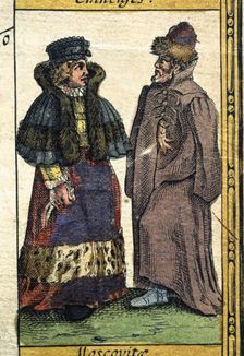 Muscovites types, colored engraving from the book Le Theatre du monde or Nouvel Atlas 1645, …