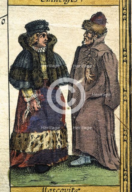 Muscovites types, colored engraving from the book 'Le Theatre du monde' or 'Nouvel Atlas', 1645, …