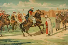 Musa Ibn Nusair (c640-716) whips Tarik ben Yihab's face for disobeying his order..., 8th cent (1888) Creator: Juan Alaminos