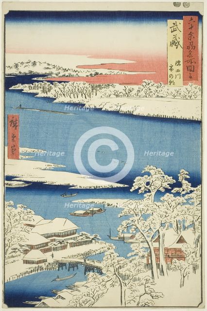 Musashi Province: Morning after Snow on the Sumida River (Musashi, Sumidagawa yuki no ashi..., 1853. Creator: Ando Hiroshige.