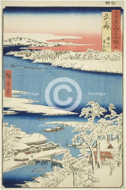 Musashi Province: Morning after Snow on the Sumida River (Musashi, Sumidagawa yuki no ashi..., 1853. Creator: Ando Hiroshige.