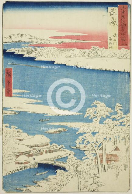 Musashi Province: Morning after Snow on the Sumida River (Musashi, Sumidagawa yuki no ashi..., 1853. Creator: Ando Hiroshige.