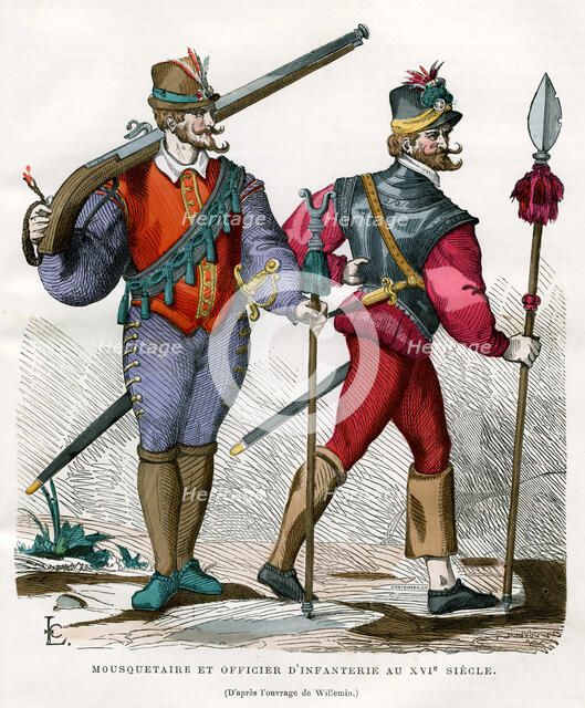 Musketeer and infantry officer, 16th century (1882-1884).Artist: Pontenier