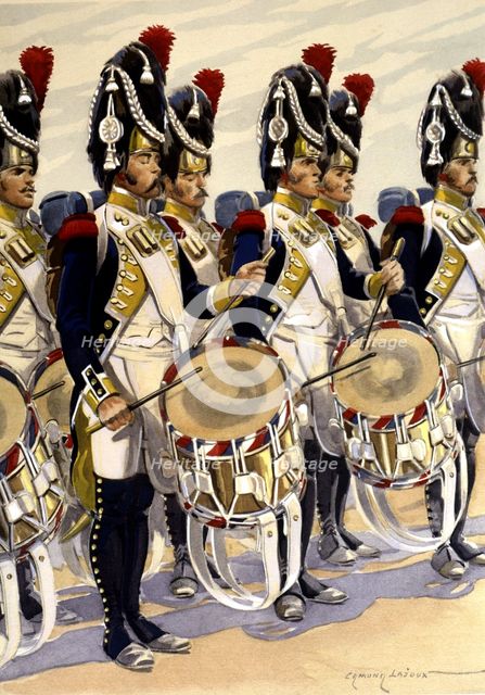 Music band of the 57 Grenadier Regiment from France, 1803-1805, drums, drawing, 1940.