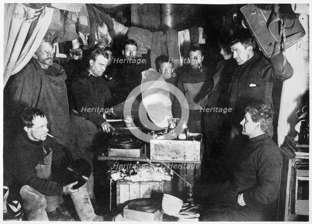 'Music in the Hut', Scott's South Pole expedition, 1911. Creator: Herbert Ponting.