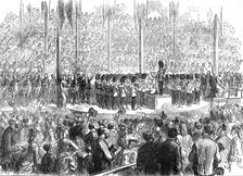 Musical Festival at Boston: band of the Grenadier Guards playing "The Star-Spangled Banner", 1872. Creator: Unknown