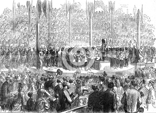 Musical Festival at Boston: band of the Grenadier Guards playing "The Star-Spangled Banner", 1872. Creator: Unknown.