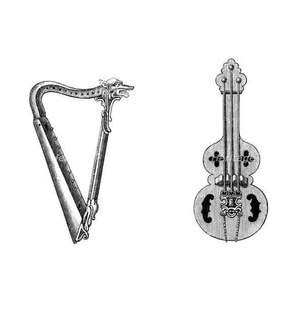 Musical instruments, 12th century, (1843).Artist: Henry Shaw