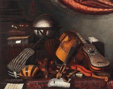 Musical instruments, a globe, books, playing cards and a painter's palette. Creator: Bettera, Bartolomeo (1639-c. 1688)