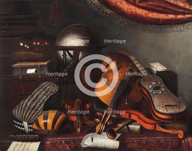 Musical instruments, a globe, books, playing cards and a painter's palette. Creator: Bettera, Bartolomeo (1639-c. 1688).