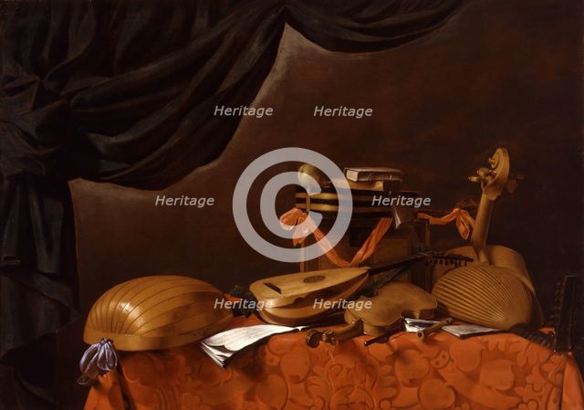 Musical instruments and green marquee, c. 1670. Creator: Baschenis, Evaristo (1617-1677).