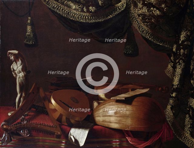 Musical instruments and statuette, c. 1660. Creator: Baschenis, Evaristo (1617-1677).