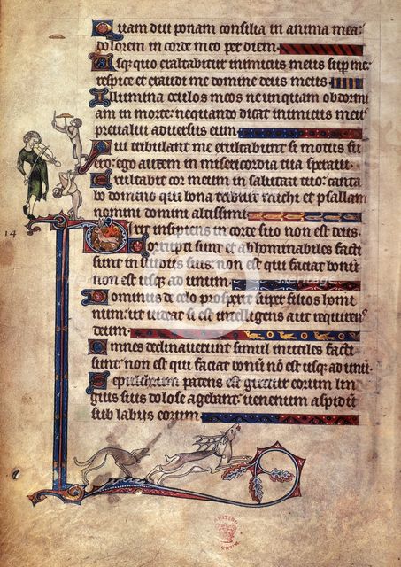 Musician and monkeys; dog chasing a stag, 1284-c1316.  Creator: Unknown.