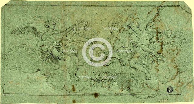 Musician Angels in Clouds (recto); Seated Cleric (verso), n.d. Creator: Guido Reni.