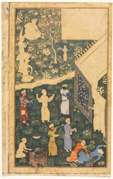 Musicians and Servants Outside a Royal Encampment (recto), c. 1485. Creator: Bihzad (Iranian, active 1470-1506), style of