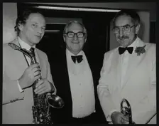 Musicians John Dankworth and Don Lusher with Dennis Matthews of Crescendo magazine, London, 1985. Creator: Denis Williams