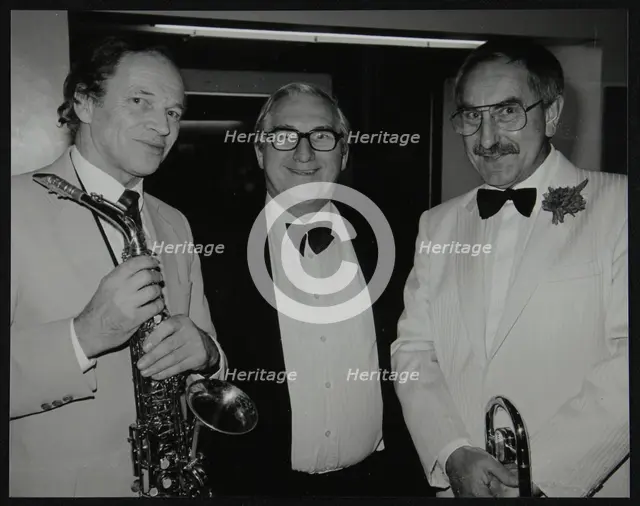 Musicians John Dankworth and Don Lusher with Dennis Matthews of Crescendo magazine, London, 1985. Creator: Denis Williams.
