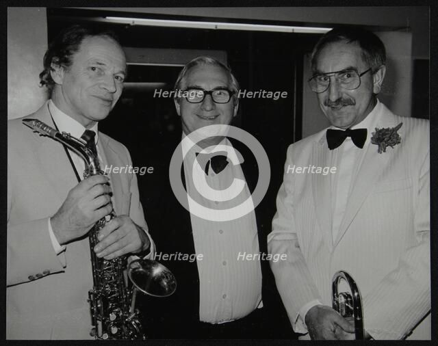 Musicians John Dankworth and Don Lusher with Dennis Matthews of Crescendo magazine, London, 1985. Artist: Denis Williams