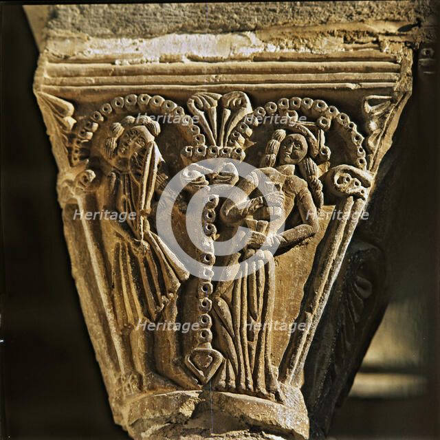 Musicians playing the rebec, figures in a capital of the cloister of the Monastery of Santa Maria…