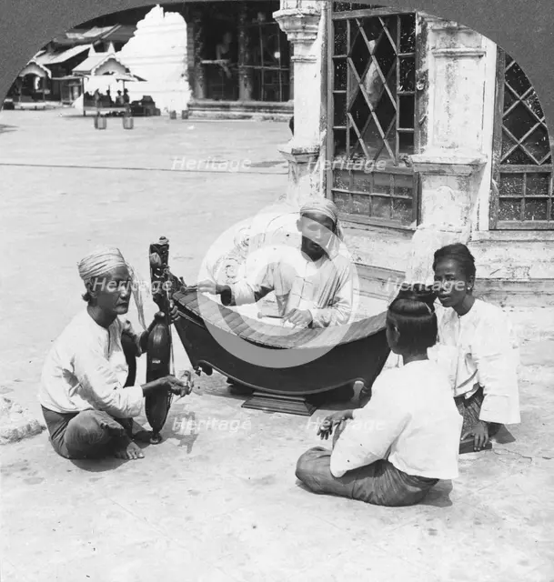Musicians, Shwedagon Pagoda, Rangoon, Burma, 1908. Artist: Stereo Travel Co