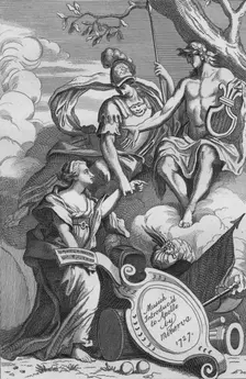 Musick Introduc'd to Apollo by Minerva, 1727 (1827). Creator: Unknown