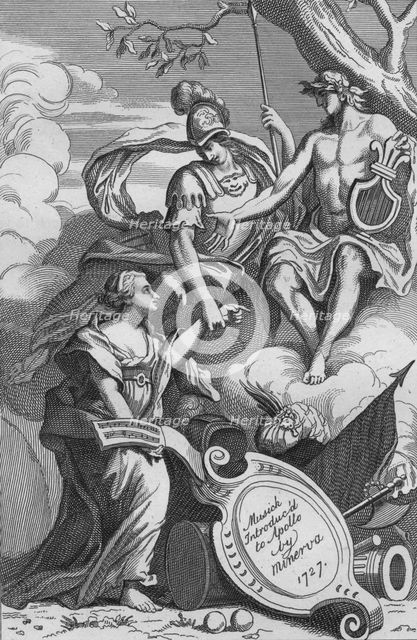 'Musick Introduc'd to Apollo by Minerva, 1727', (1827).  Creator: Unknown.