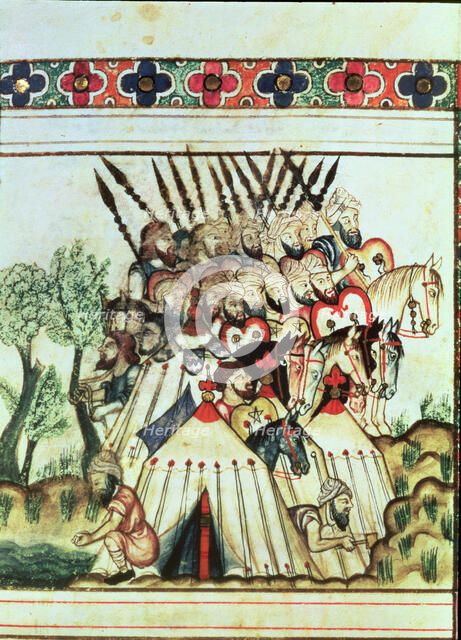Muslims in a military expedition, their tents were luxurious. Miniature in the 'Cantigas de Santa…
