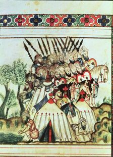 Muslims in a military expedition, their tents were luxurious. Miniature in the Cantigas de Santa…