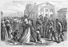 "Mustered Out" Colored volunteers at Little Rock, Arkansas, from Harper's Weekly, pub. 1866. Creator: Alfred Rudolph Waud (1828 -91)