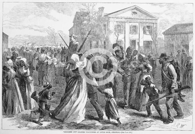 "Mustered Out"  Colored volunteers at Little Rock, Arkansas, from Harper's Weekly, pub. 1866. Creator: Alfred Rudolph Waud (1828 -91).