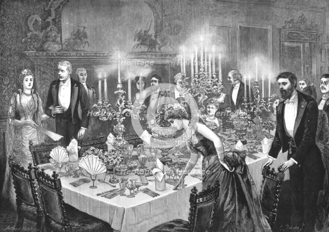 'My First Season; The Dinner Party, 'a middle-aged MP took me in' ', 1890. Creator: Arthur Hopkins.