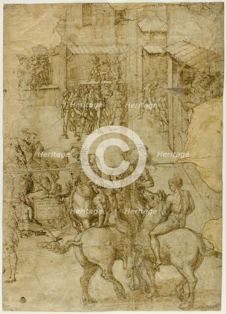 Mythological Pageant (recto); Illegible Inscriptions and Anatomical Studies of...(verso), 1528/29. Creator: Girolamo Genga.