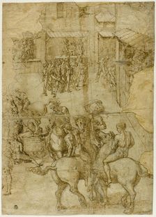 Mythological Pageant (recto); Illegible Inscriptions and Anatomical Studies of...(verso), 1528/29. Creator: Girolamo Genga