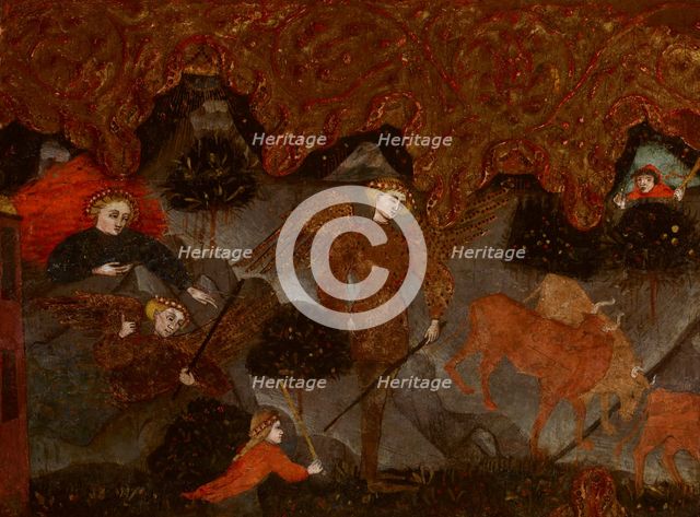 Mythological Scene with Hermes (Hermes Stealing the Apollo's Herd?)-Fragment..., end of 14th cent. Creator: Master of Charles of Durazzo.