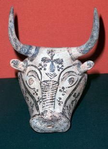 Mycenaean pottery rhyton in the shape of a Bull's Head, 14th century BC